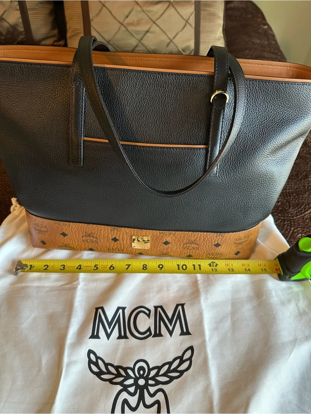MCM Visetos Tote with Black and Cognac Leather Detailing